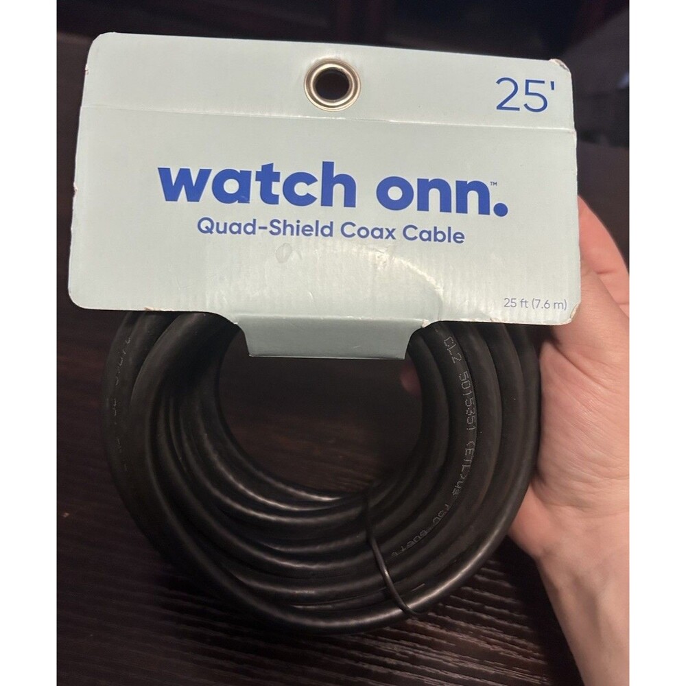 Onn 25 Ft Quad Shield Coaxial Cable RG6 Black Digital HDTV Satellite New Sealed